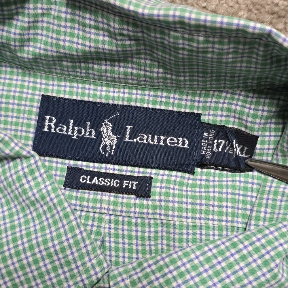 VTG Ralph Lauren Button Down Shirt Mens XL Green Check Classic Fit Orange Pony